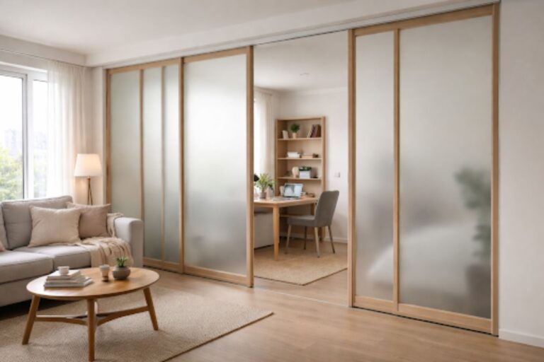 Sliding panel room divider in studio apartment