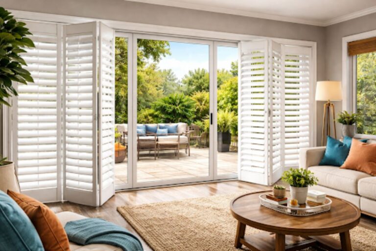 Plantation Shutters for Sliding Glass Doors installed in a modern home