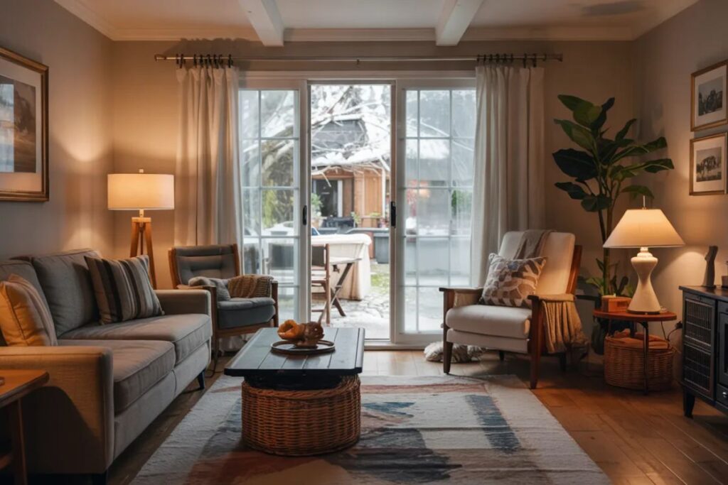 Sliding glass door weather stripping on a drafty patio door showing air leaks in a US home during winter with energy loss through door edges