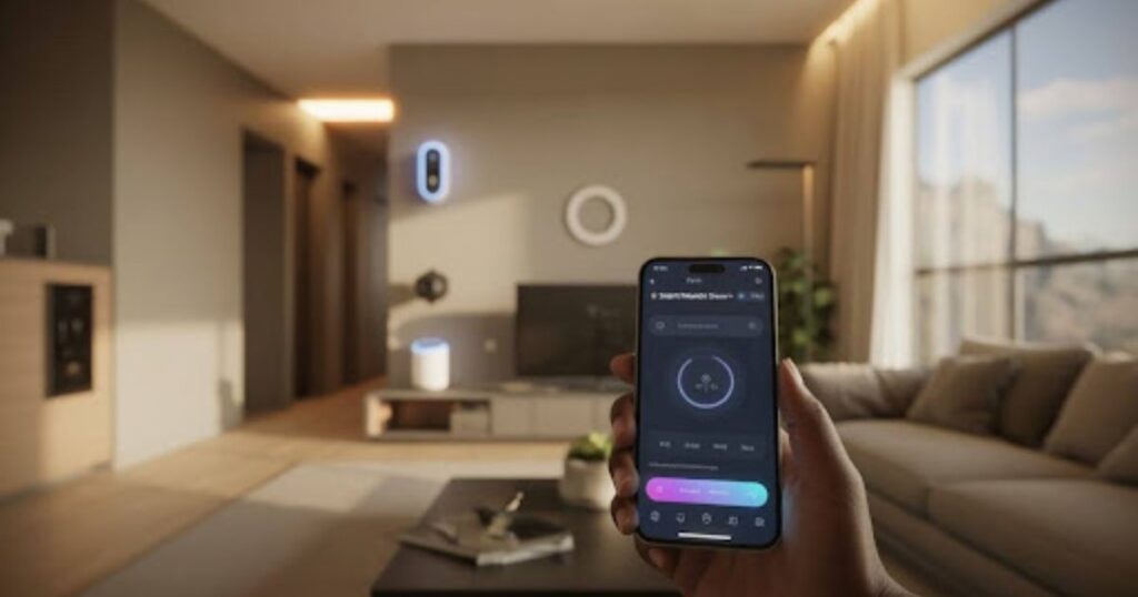 AI smart home devices in a connected home environment with voice assistant and automation features
