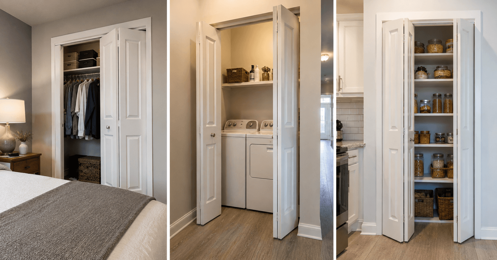 bifold-shaker-doors-closet-laundry-pantry.jpg White bifold shaker doors used in a bedroom closet, laundry area, and kitchen pantry to save space and provide easy access.