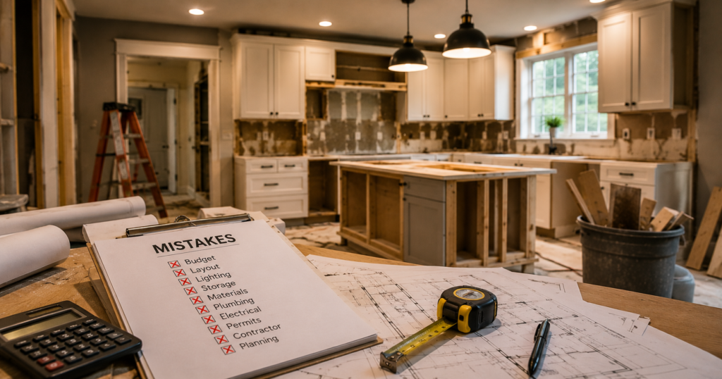 kitchen remodeling mistakes to avoid. Realistic kitchen renovation scene showing unfinished cabinets, construction plans, tools, and a checklist of common kitchen remodeling mistakes during a home remodel project.