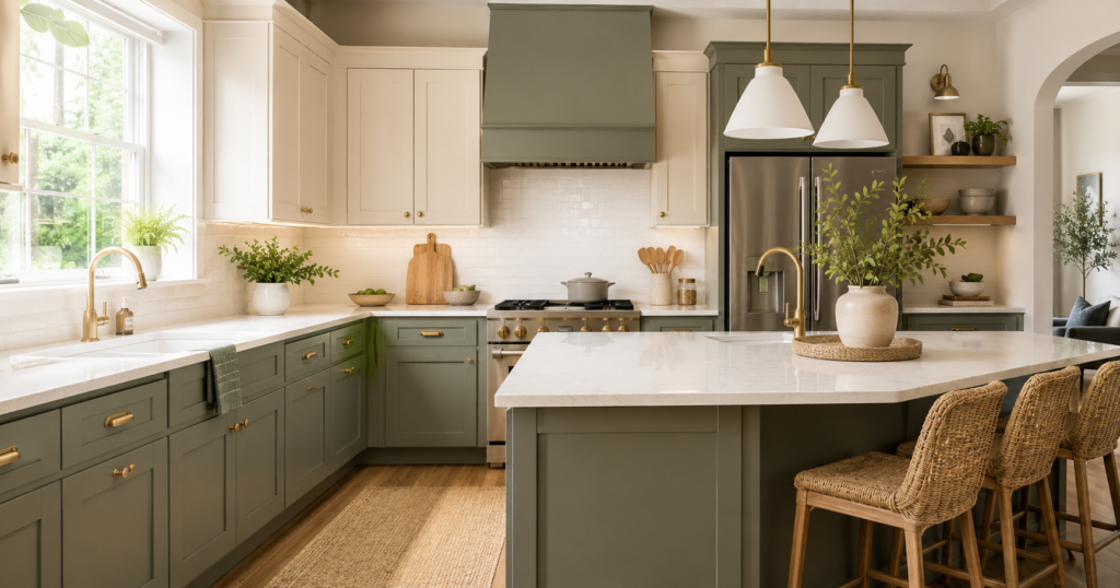 Bright modern kitchen featuring sage green and cream painted cabinets, brass hardware, natural light, and stylish island design showcasing trendy Painted Kitchen Cabinet Ideas.