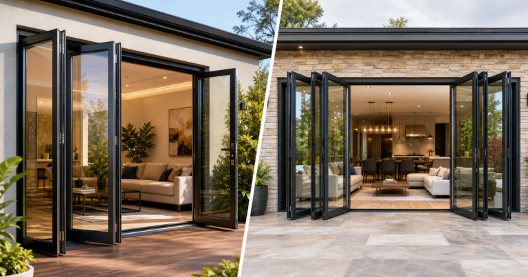 3 panel bifold door vs 4 panel which is better comparison, realistic modern patio with two bifold door setups side by side one with three wide glass panels and one with four narrower panels,both fully open to a stylish indoor living space and outdoor patio, bold natural lighting, clean contemporary home design