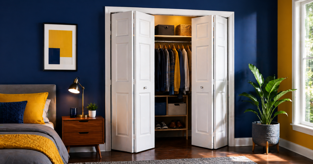 Modern small bedroom with bold navy and mustard walls featuring a white bifold closet door fully opened to reveal organized storage space. showing Best bifold doors for small spaces.
