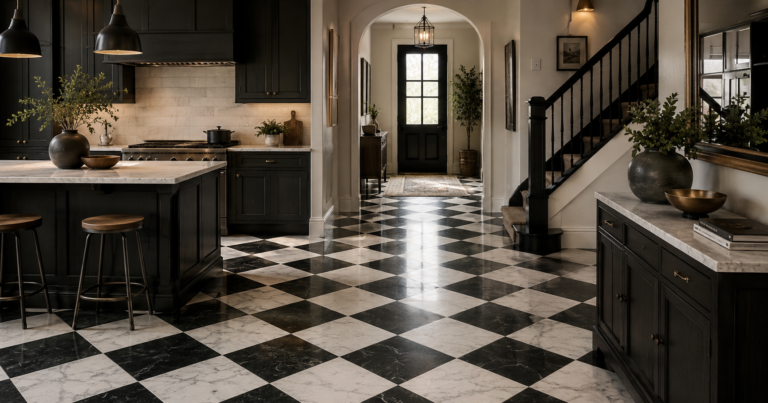 Dark modern kitchen and hallway featuring a luxurious black and white checkerboard floor with marble tiles, warm ambient lighting, and elegant contemporary interior design.