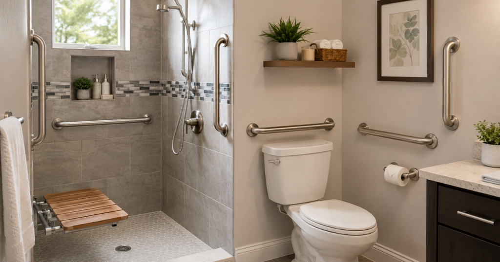 ADA grab bars for bathrooms installed near toilet and walk-in shower in modern accessible home