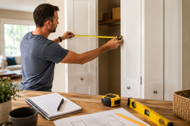 Homeowner measuring a white bifold closet door opening with a tape measure in a bright modern home, with a notebook, floor level, measuring tape, and door layout sketches on a wooden table in the foreground.