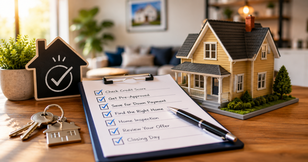 First Time Home Buyer Checklist with house model, new home keys, and closing paperwork on a wooden table in a realistic home buying setup.