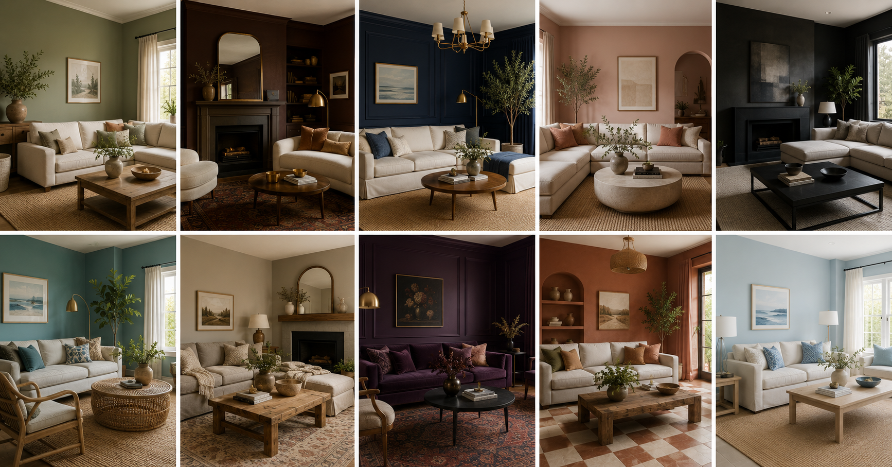 10 best living room color ideas 2026 sage green navy brown pink charcoal teal terracotta blue