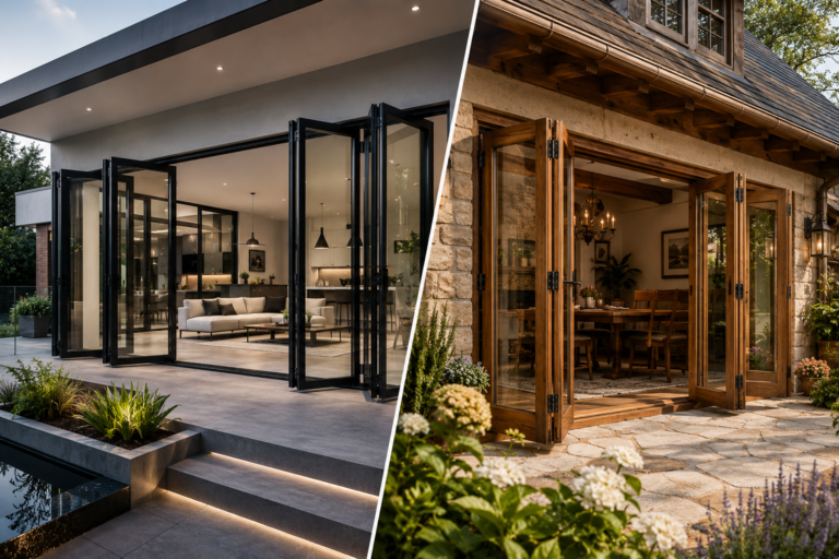 Side-by-side comparison of aluminum vs wood bifold door systems, featuring a modern home with black aluminum frames and a traditional stone house with natural wood bifold doors.