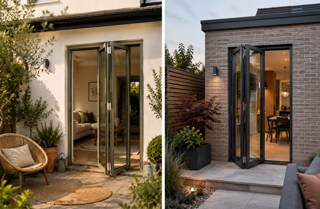 Bifold door colors comparison showing sage green and matte black finishes on two homes