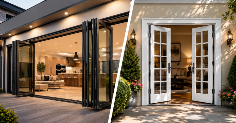 Alt Text: Bifold door vs French door comparison showing a modern home with wide-opening black aluminum bifold doors on one side and traditional white French doors on the other, highlighting differences in opening width, style, and indoor-outdoor living design.