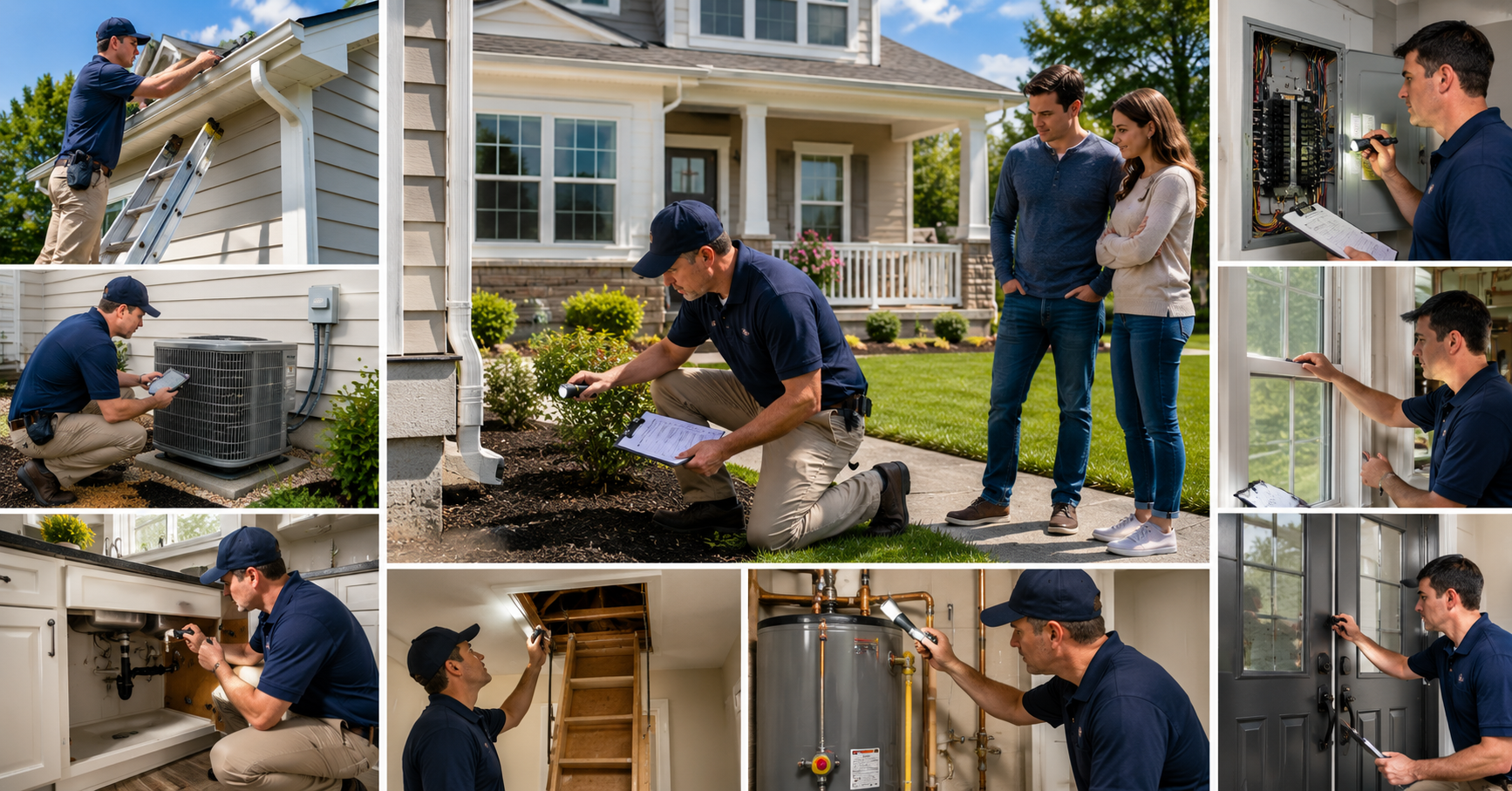Professional home inspector performing a complete home inspection checklist by checking the roof, foundation, electrical panel, HVAC system, plumbing, attic, windows, doors, and water heater before a home purchase.