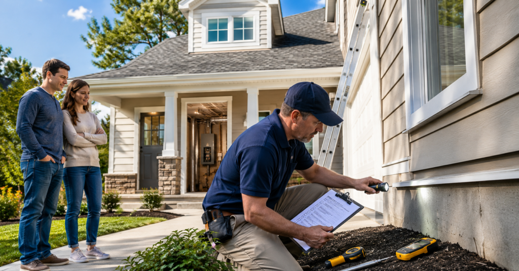 home inspection checklist for buyers licensed inspector checking exterior siding with couple watching