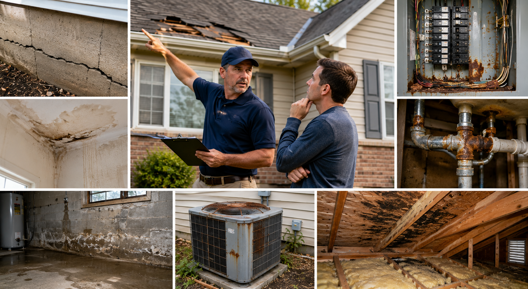 Home inspector showing major home inspection red flags, including roof damage, foundation cracks, water stains, electrical panel corrosion, plumbing rust, mold in the attic, basement moisture, and HVAC issues before buying a house.