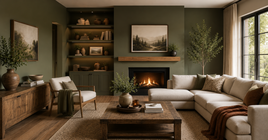 living room color ideas 2026 sage green walls cream sectional fireplace natural wood