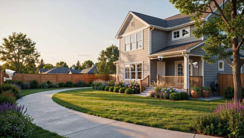 Outdoor security cameras installed on suburban home with backyard garden and lawn at golden hour.