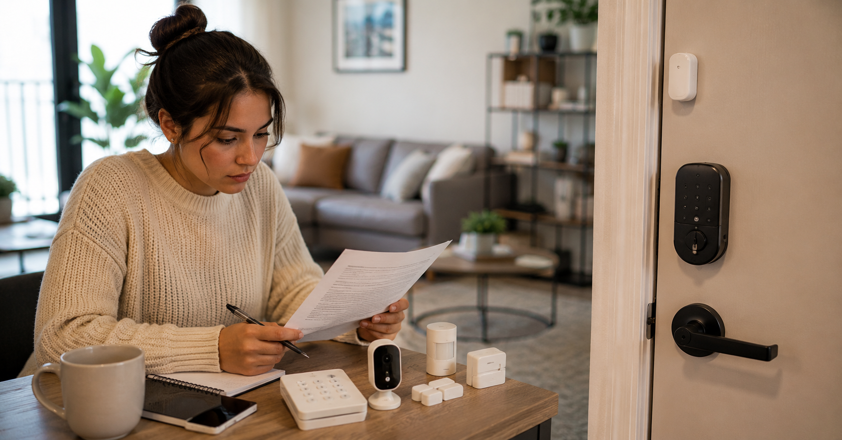 renter reading lease agreement with smart home security devices on table apartment