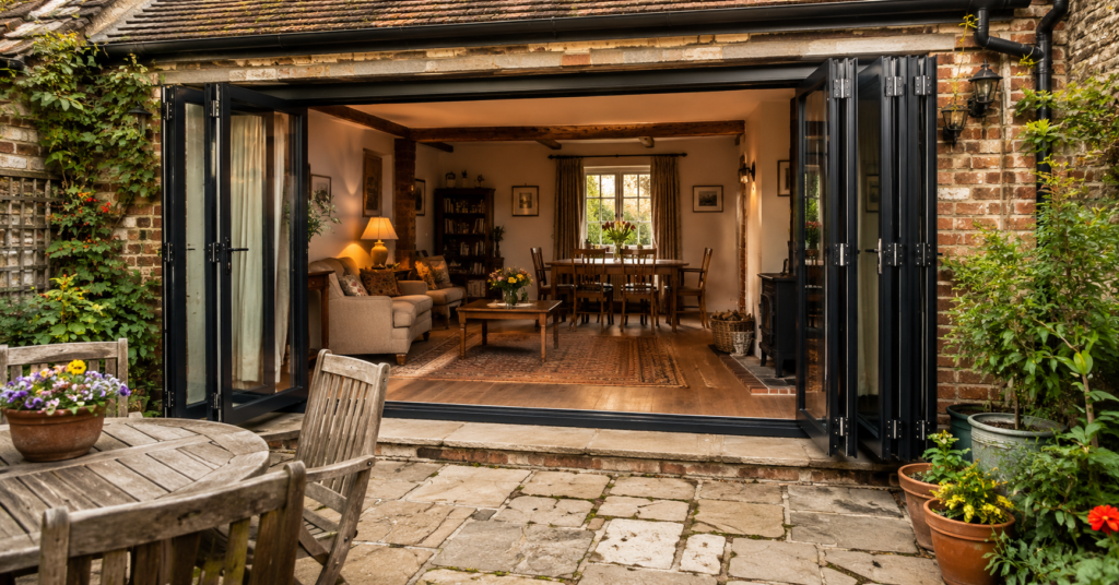 Replacing patio doors with bifold doors opens a brick cottage living room to the garden patio
