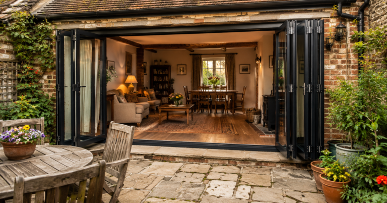 Replacing patio doors with bifold doors opens a brick cottage living room to the garden patio