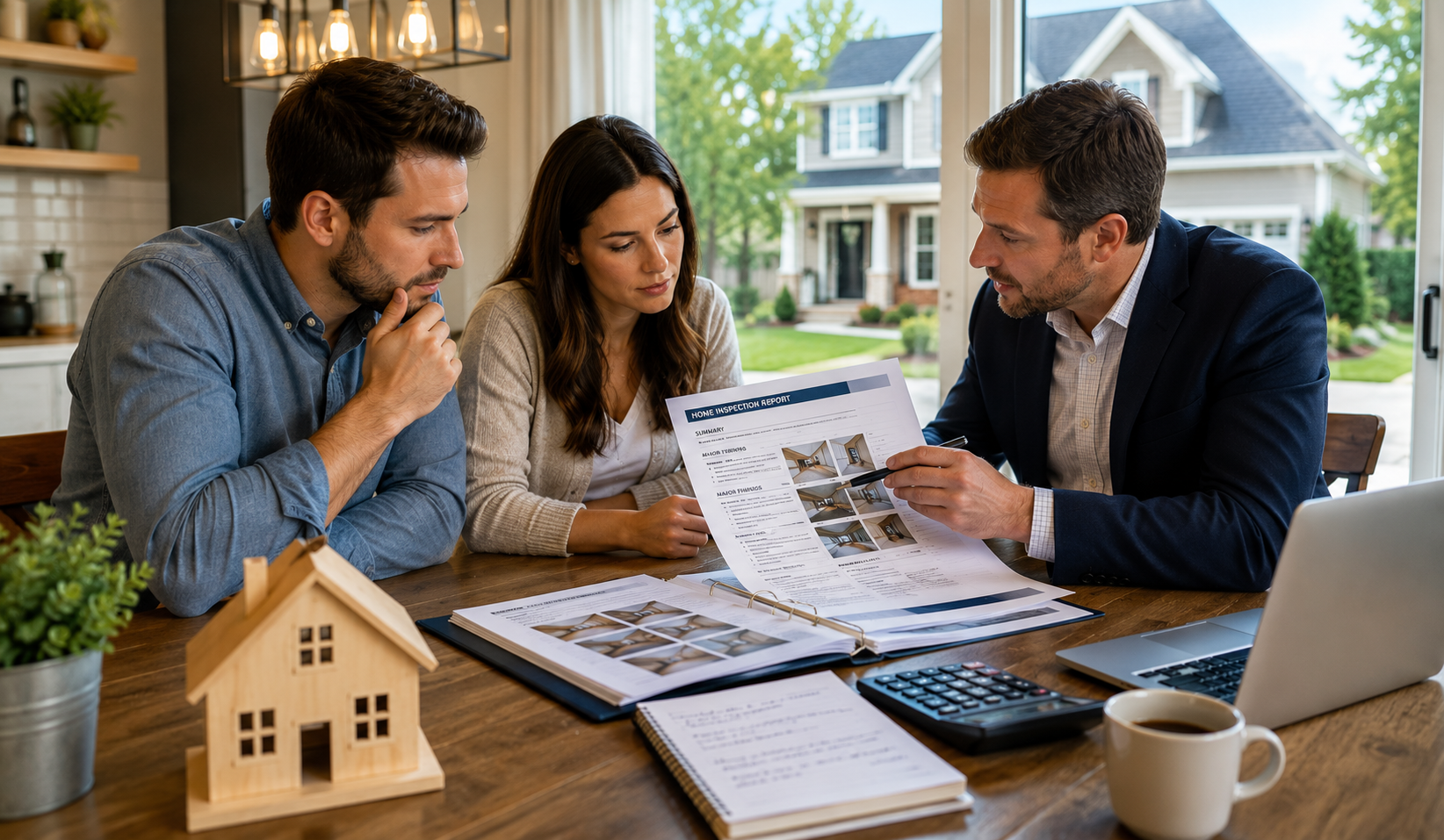 Homebuyers reviewing a home inspection report with their real estate agent to discuss repair requests, seller credits, and negotiation before closing on a house.