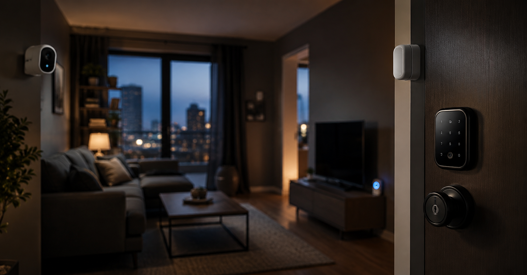 smart home security for renters wireless smart lock and camera in apartment at night