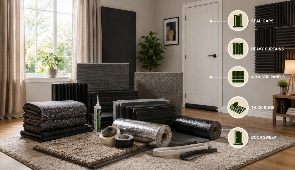 soundproof a room cheaply methods seal gaps curtains acoustic panels rugs door sweep