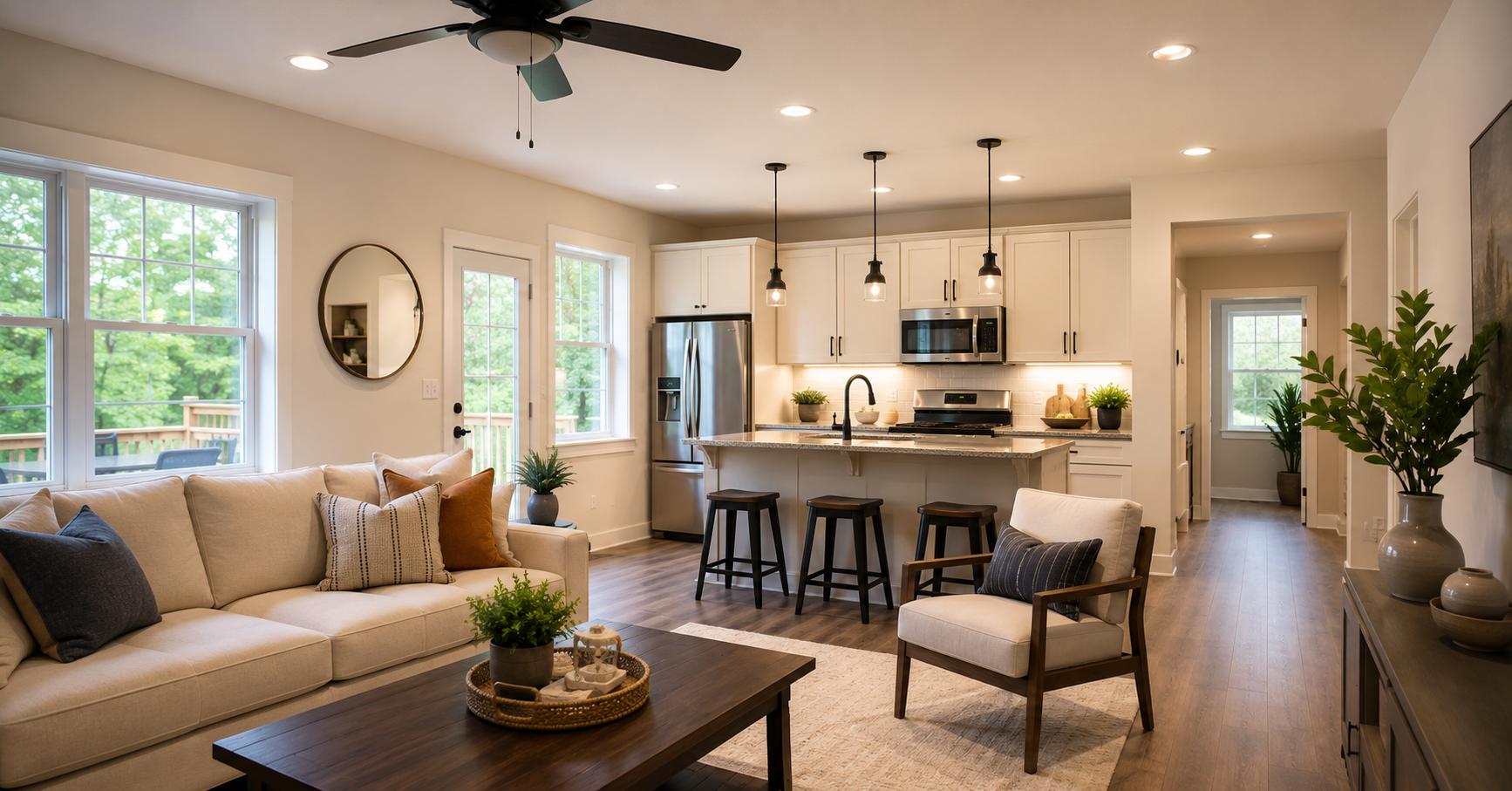 Modern living room and kitchen with affordable interior updates that increase home value before selling