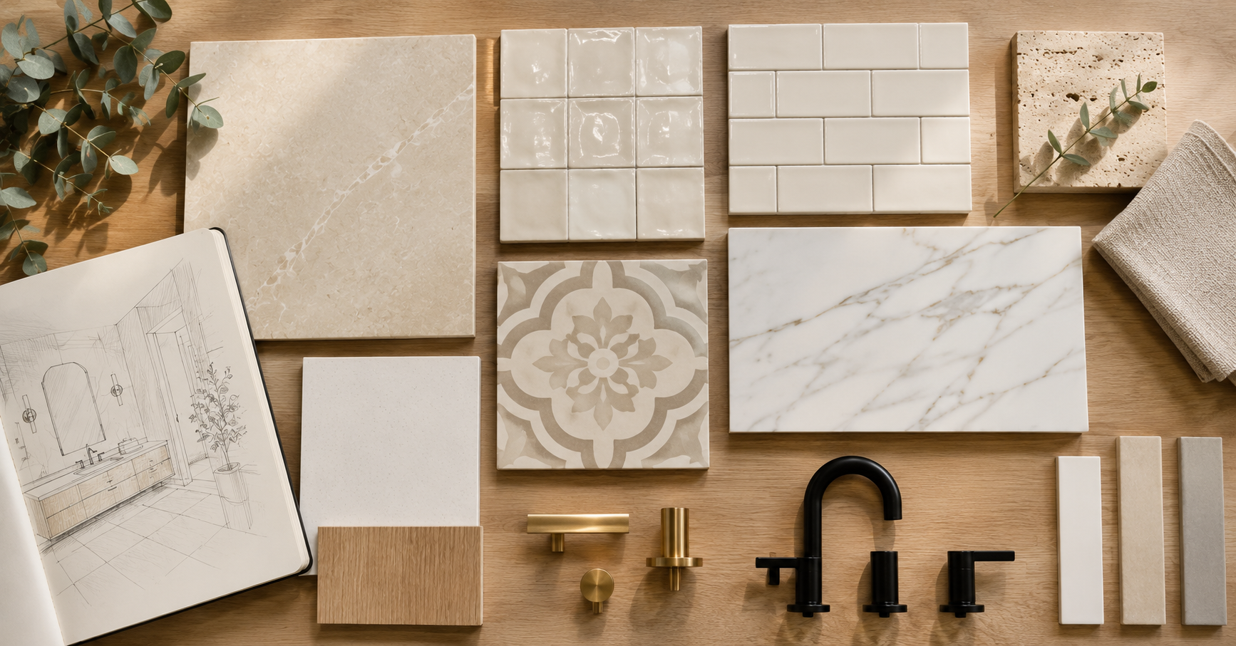 Flat lay of bathroom backsplash material samples including porcelain, marble, ceramic, and zellige tiles