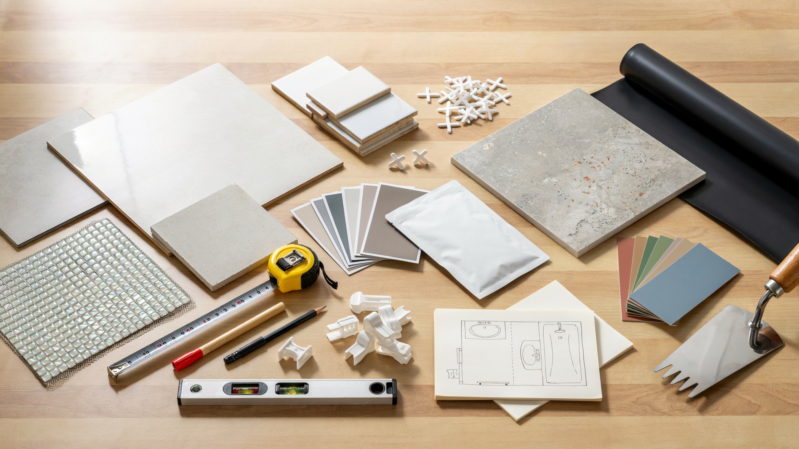 Bathroom Tile Shower Ideas planning materials including porcelain tile samples, mosaic tiles, grout color swatches, waterproofing membrane, tile spacers, measuring tape, and installation tools.