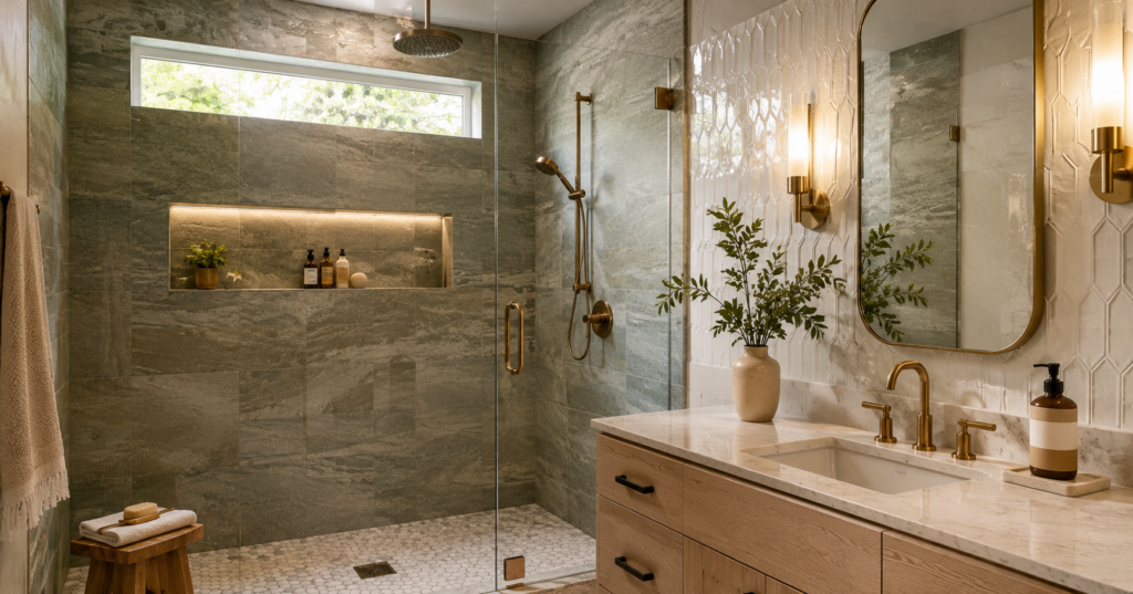 Bathroom Tile Shower Ideas featuring a modern walk-in shower with large-format porcelain tiles, a frameless glass enclosure, recessed shower niche, matte black fixtures, and warm spa-inspired design.