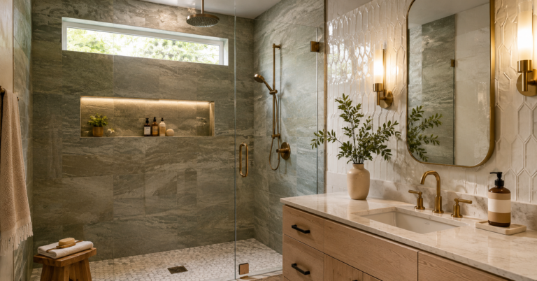 Bathroom Tile Shower Ideas featuring a modern walk-in shower with large-format porcelain tiles, a frameless glass enclosure, recessed shower niche, matte black fixtures, and warm spa-inspired design.