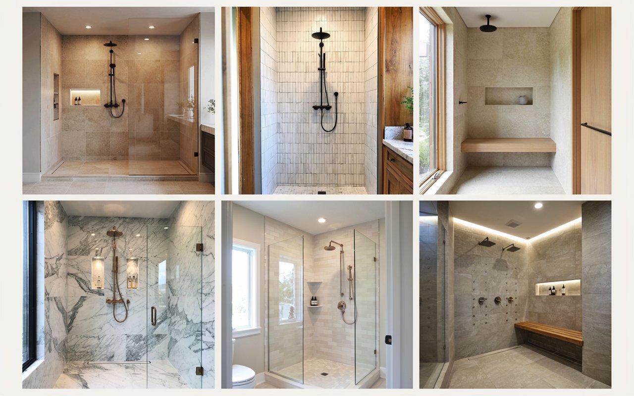 Bathroom Tile Shower Ideas showcasing six walk-in shower styles including modern, farmhouse, Japandi, luxury marble, small bathroom, and contemporary spa designs.