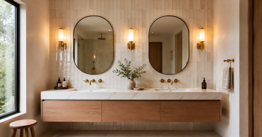 Bathroom Vanity Backsplash Ideas, Modern bathroom vanity with full-height tile backsplash, floating oak vanity, and quartz countertop