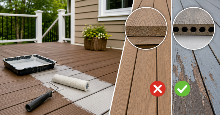 Can you paint Trex decking? Homeowner painting an older Trex composite deck after proper preparation.