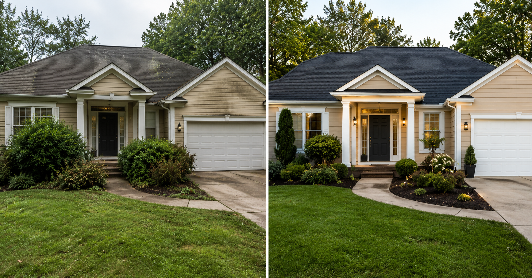 Before and after curb appeal improvements showing affordable ways to increase home value before selling a house