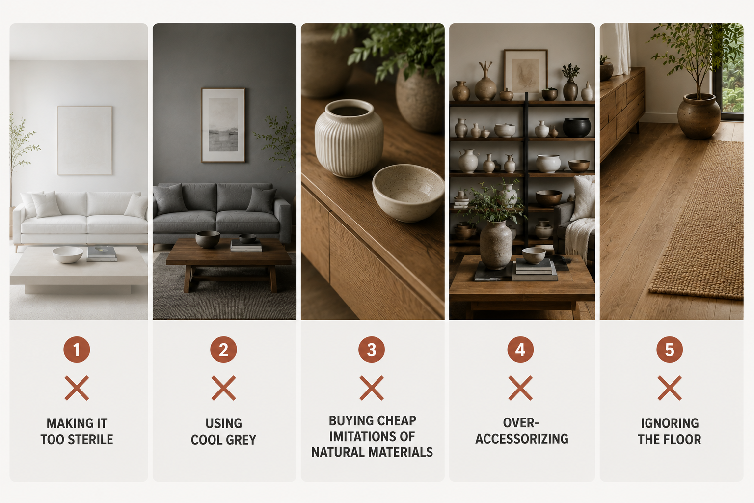 Visual guide showing common Japandi interior design mistakes including sterile spaces, cool grey walls, cheap imitation materials, over-accessorizing, and poor flooring choices