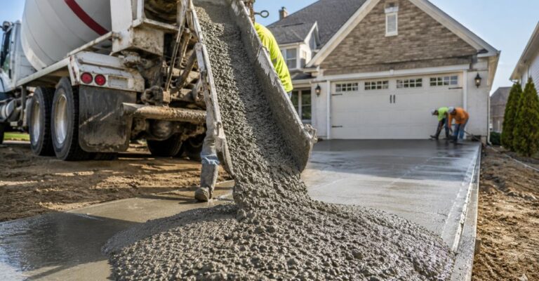 Ready-mix concrete being poured into a residential driveway in 2026