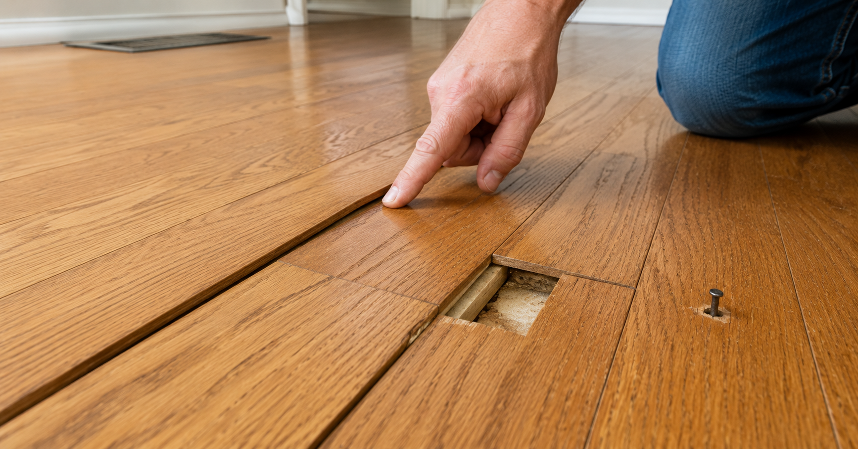 squeaky hardwood floor gap between boards rising nail cause diagnosis