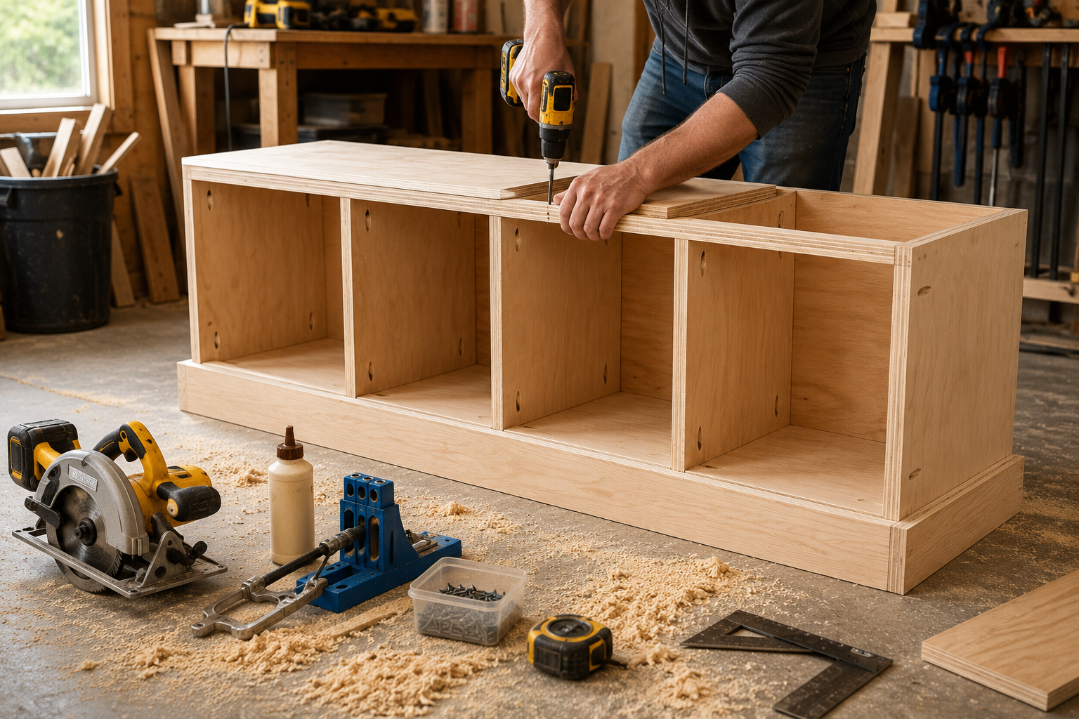 DIY mudroom bench with storage assembly drilling plywood cubbies pocket hole jig