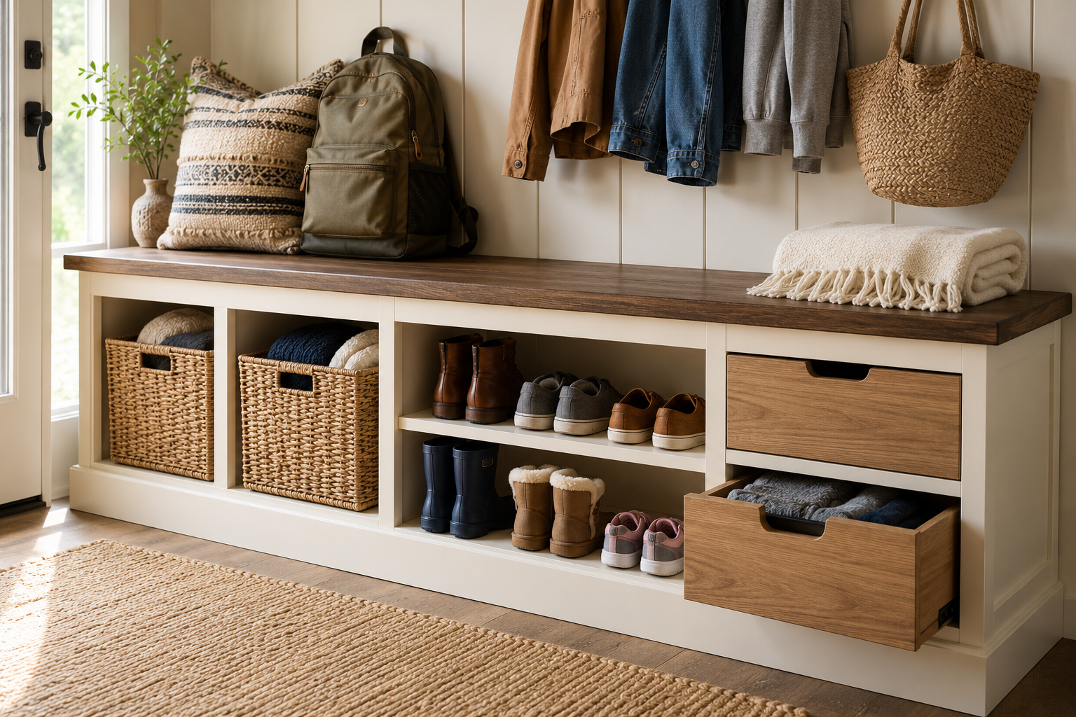 DIY mudroom bench storage options baskets open shelves pull out drawers shoes