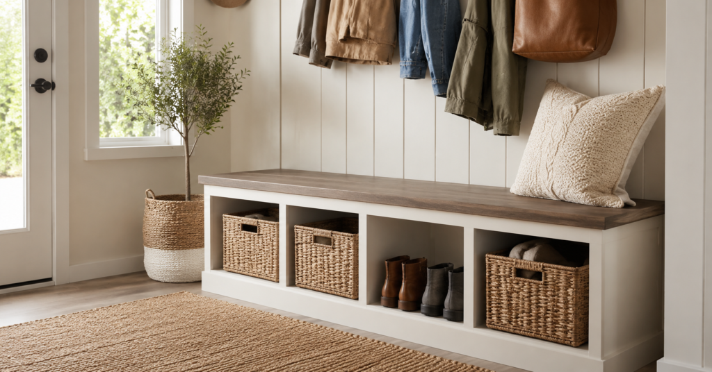 DIY mudroom bench with storage cubbies baskets and coat hooks entryway
