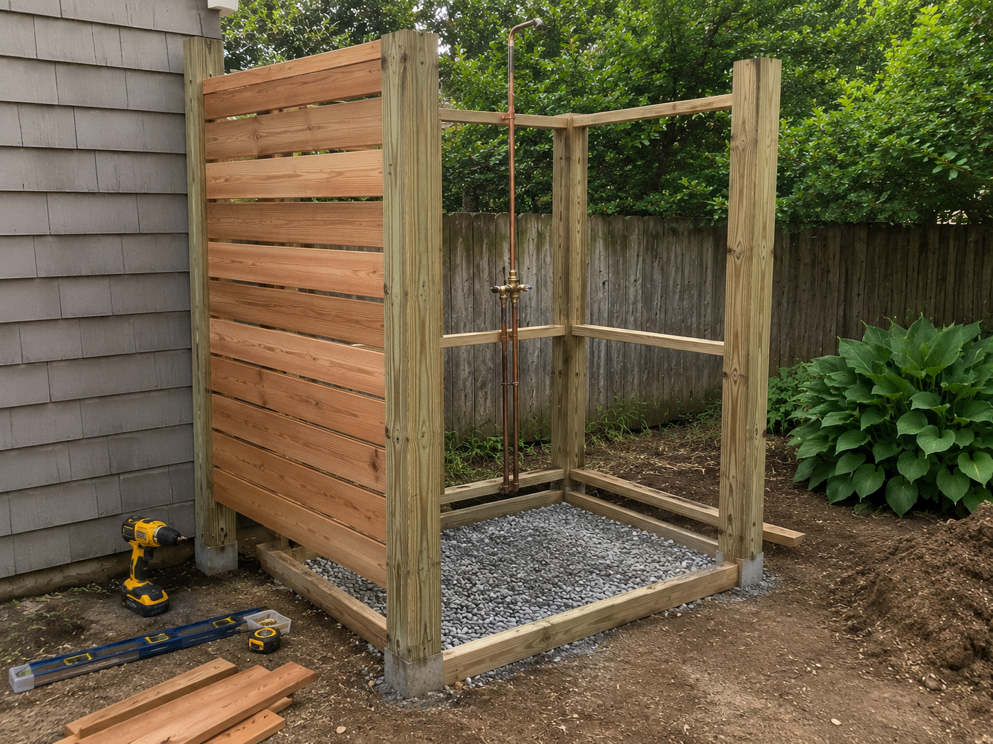 DIY outdoor shower frame under construction with cedar slats and PEX plumbing