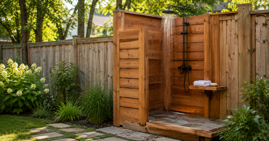DIY outdoor shower with cedar wood enclosure and stone paver flooring