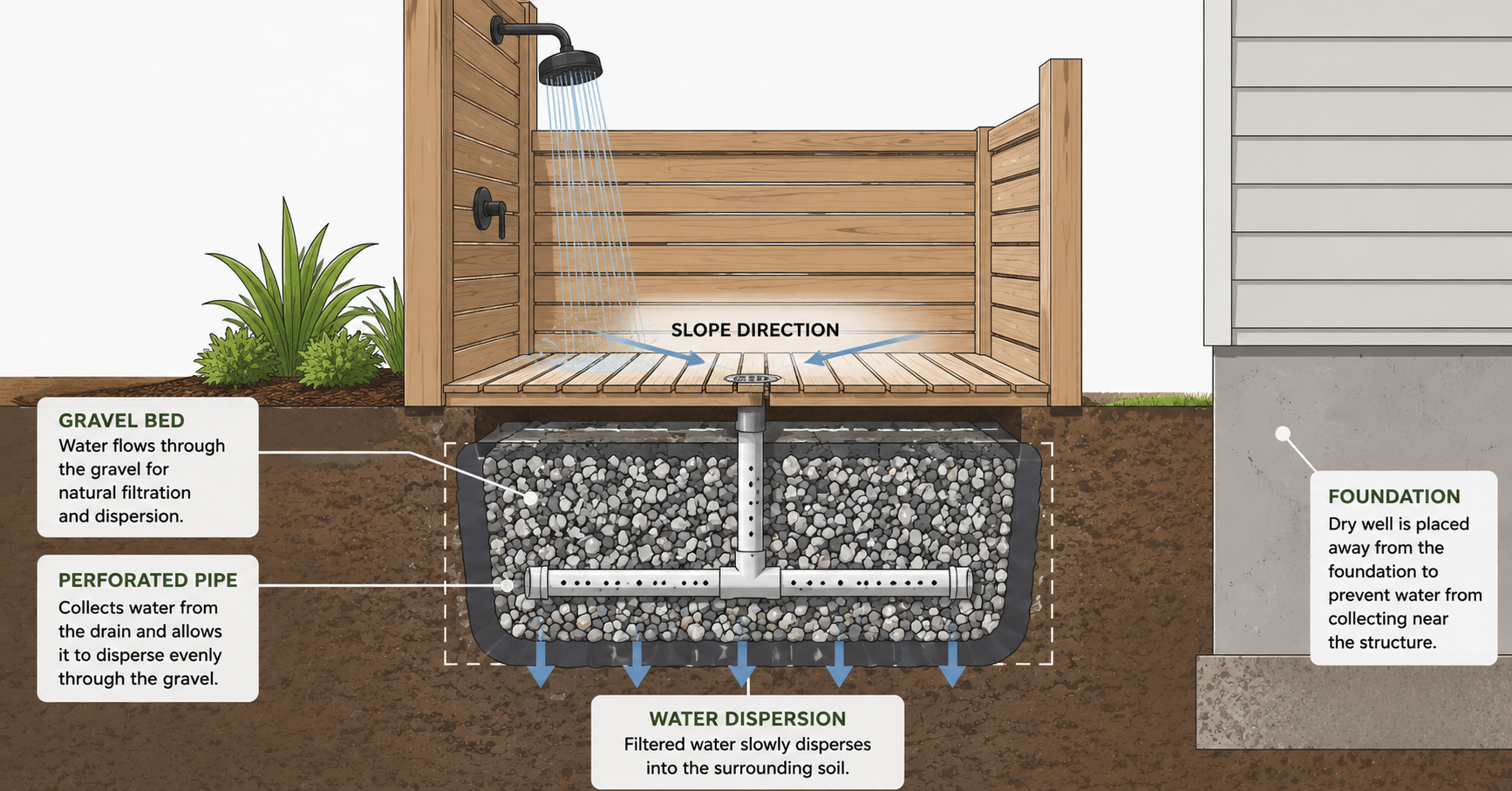 Diagram showing DIY outdoor shower drainage with gravel dry well and slope direction