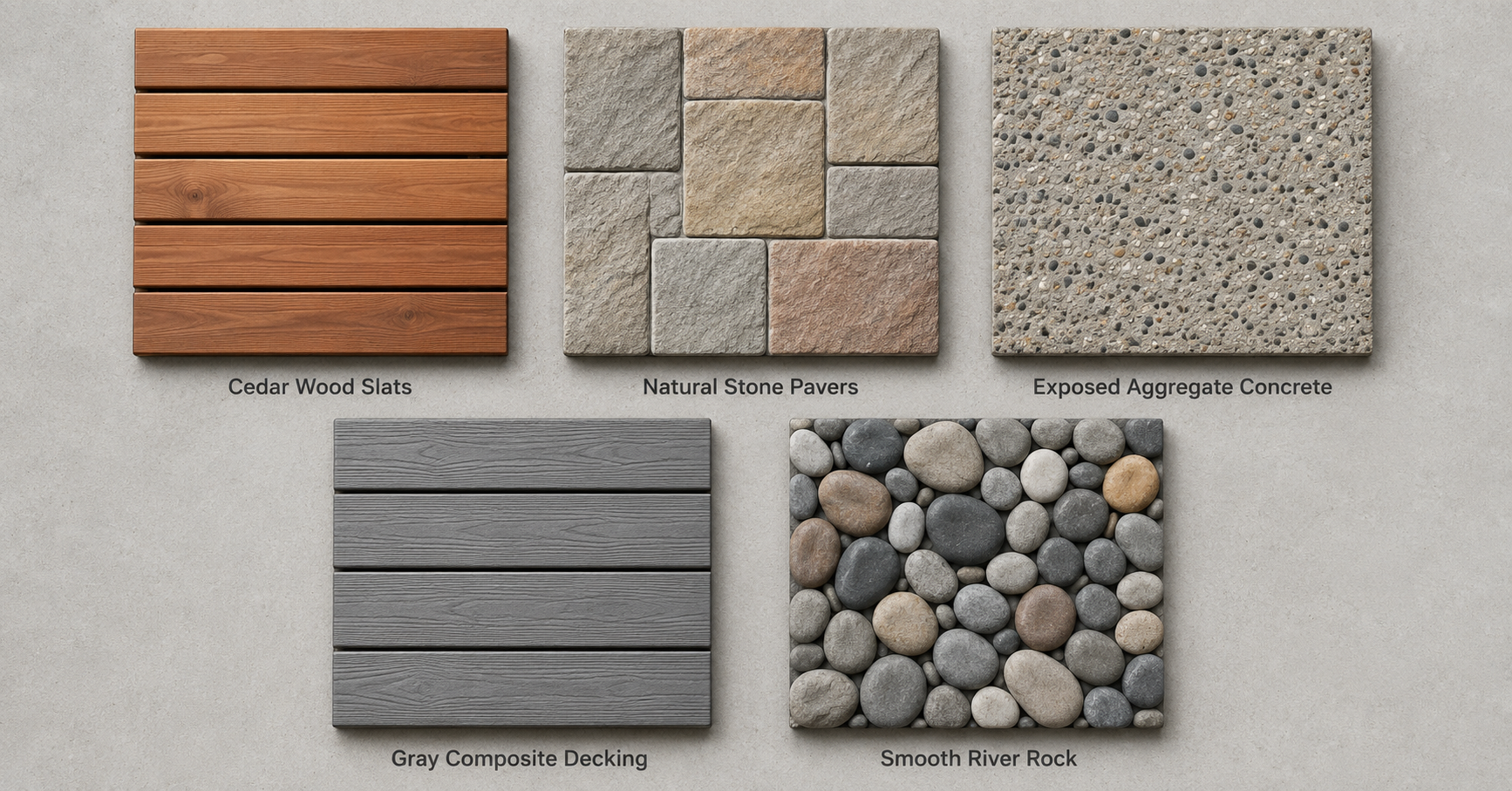 Comparison of DIY outdoor shower flooring materials: cedar, stone, concrete, composite, and river rock