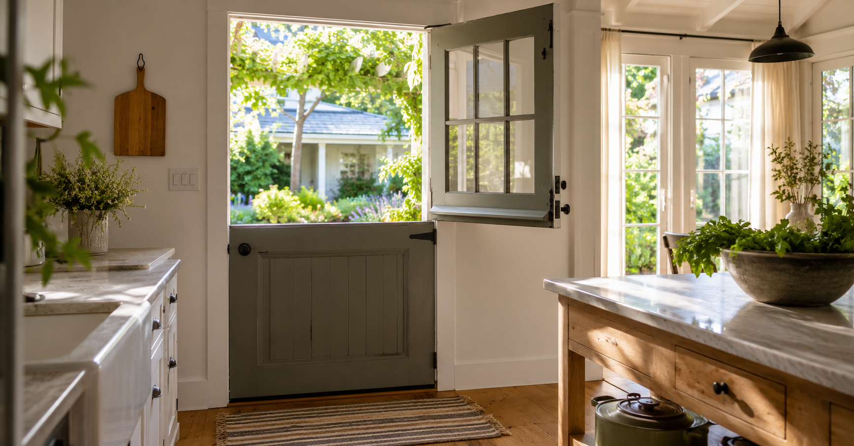 Dutch door top half open kitchen natural ventilation garden view farmhouse