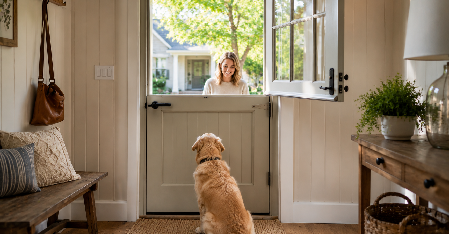 Dutch door pet containment golden retriever contained by bottom half closed