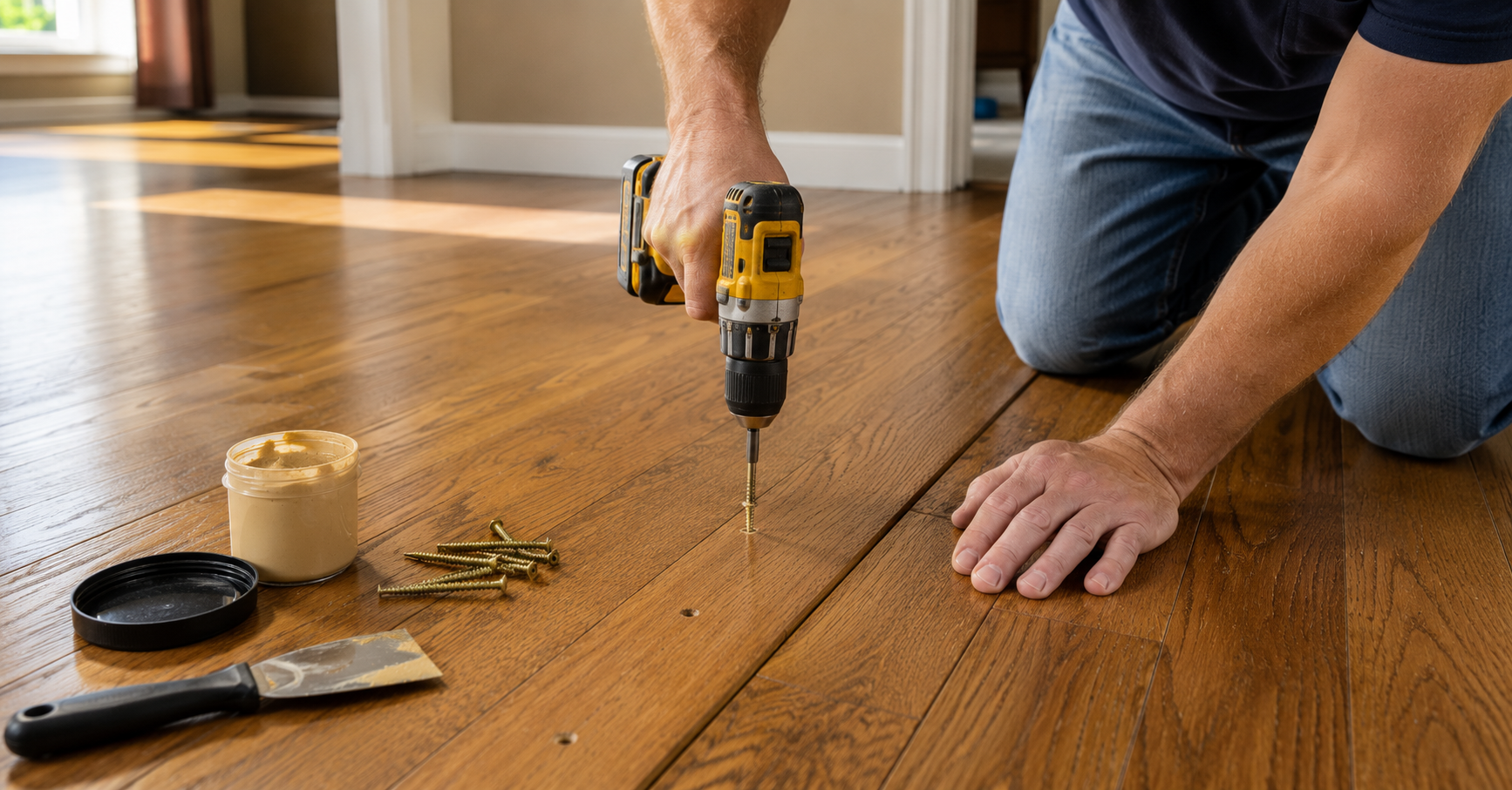 fix squeaky hardwood floor screws from above drill wood putty DIY repair